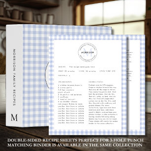 Blue Check Gingham Monogram Family Recipe Sheet