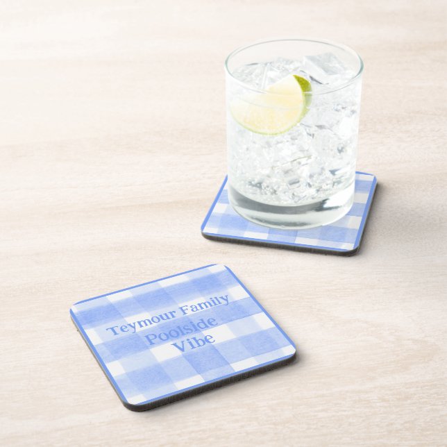 Blue Check Gingham POOLSIDE VIBE cork back Coaster (Right Side)