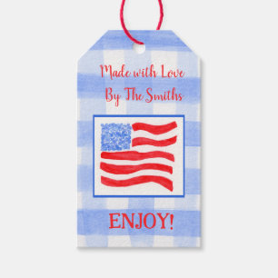 Blue Check Gingham USA Flag MADE WITH LOVE red Gift Tags