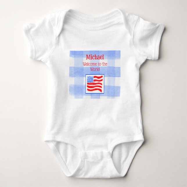 Blue Check Gingham USA Flag WELCOME Baby Clothing Bodysuit (Front)