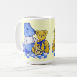blue check picnic cloth with three old teddies coffee mug
