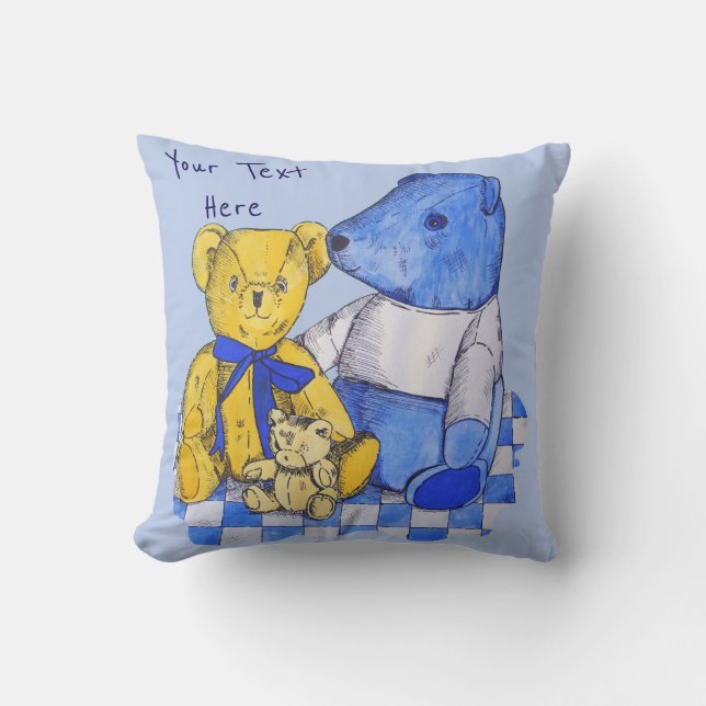 blue check picnic cloth with three old teddies cushion (Front)