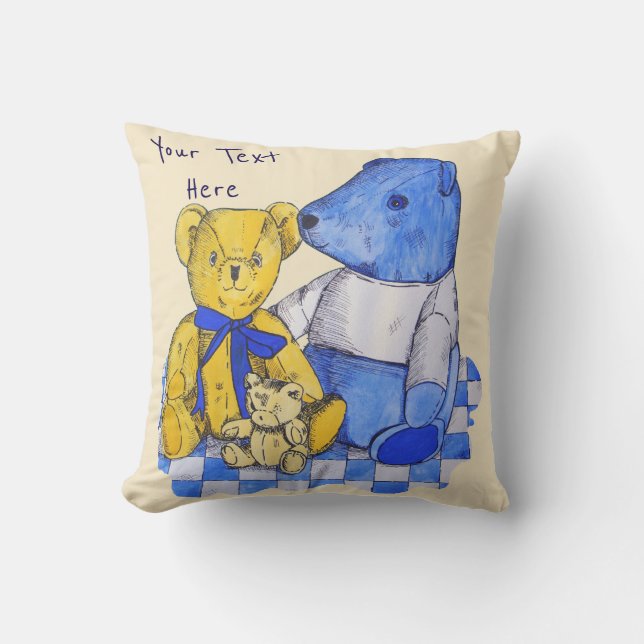 blue check picnic cloth with three old teddies cushion (Front)