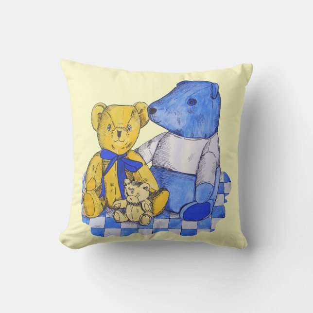 blue check picnic cloth with three old teddies cushion (Front)