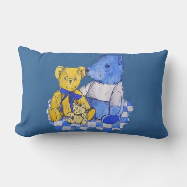 blue check picnic cloth with three old teddies lumbar cushion (Front)