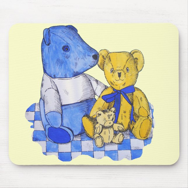 blue check picnic cloth with three old teddies mouse pad (Front)