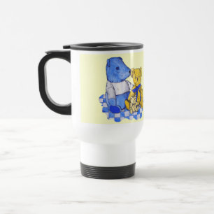 blue check picnic cloth with three old teddies travel mug