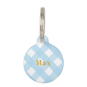 Blue Check Round Dog Tag with Name