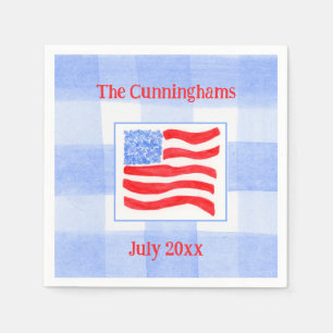 Blue Check Watercolor USA Flag PERSONALIZE Mat Napkin