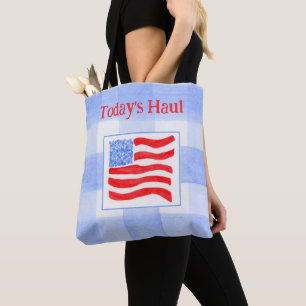 Blue Check Watercolor USA Flag Tote Bag