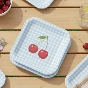 Blue Checked Paper Plates with Cherries for Summer