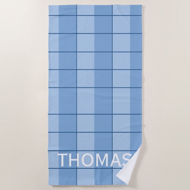 Blue Checked Pattern Personalised Beach Towel (Front)
