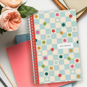 Blue Checkerboard Pattern Stars Flowers Notebook
