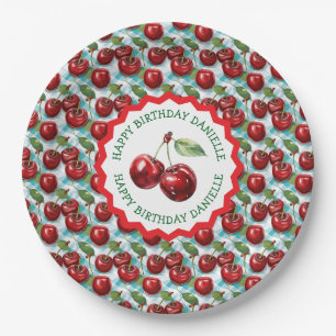 Blue Checkered Cherry Pattern Personalized Birthda Paper Plate
