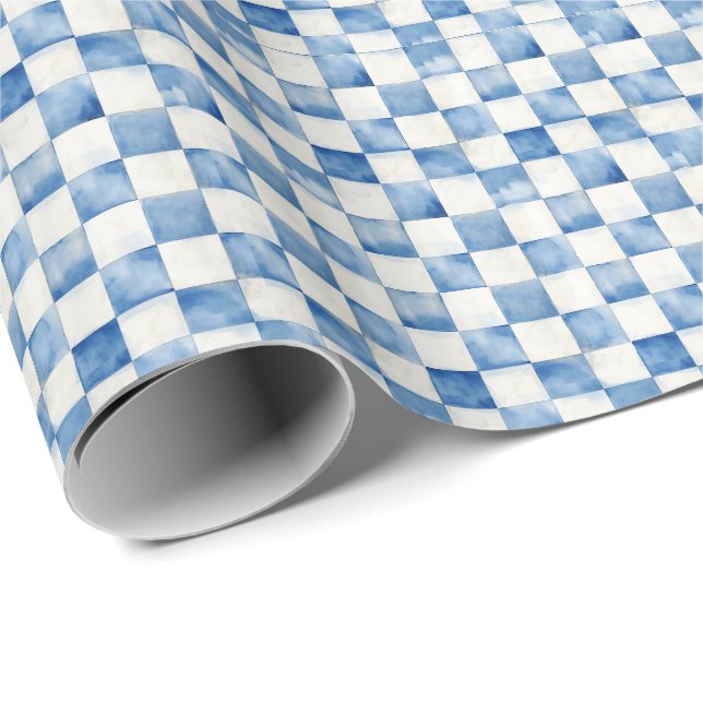 Blue Checkered Decorative Gift Wrap Paper (Roll Corner)