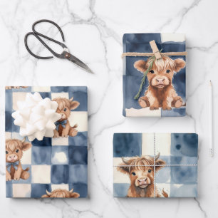 Blue Checkered Highland Cow Cute Gift Wrap