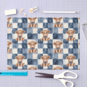 Blue Checkered Highland Cow Cute Gift Wrap Tissue Paper