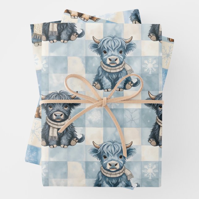 Blue Checkered Highland Cow Cute Wrapping Paper Sheet (In situ)