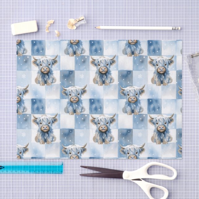 Blue Checkered Highland Cow Snowflake Winter Tissue Paper (Craft)