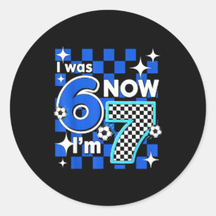 Blue Checkered I Was 6 Now Im 7 Birthday Soccer Bo Classic Round Sticker