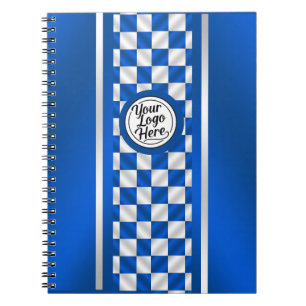 Blue Checkered Racing Stripe Logo Design Spiral Notebook