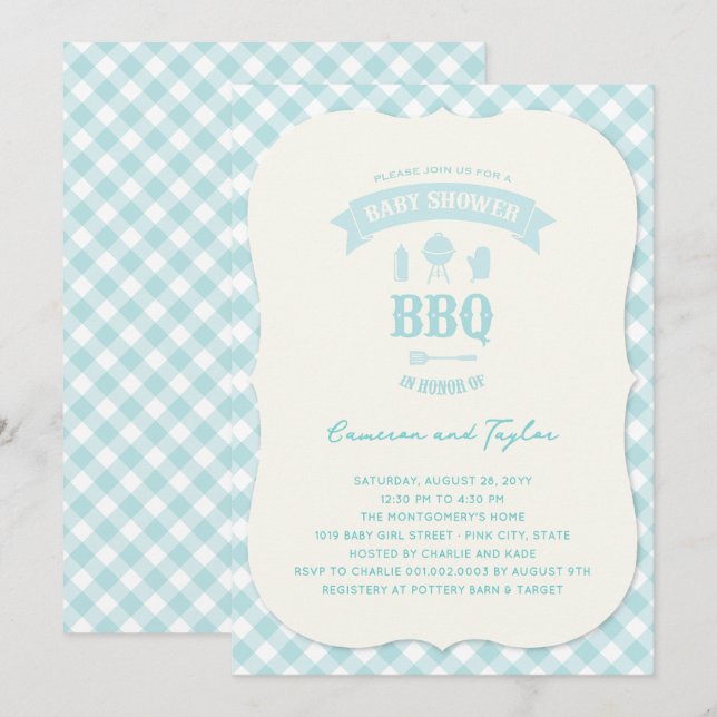 Blue Checks BBQ Boy Baby Shower Summer Party Invitation (Front/Back)