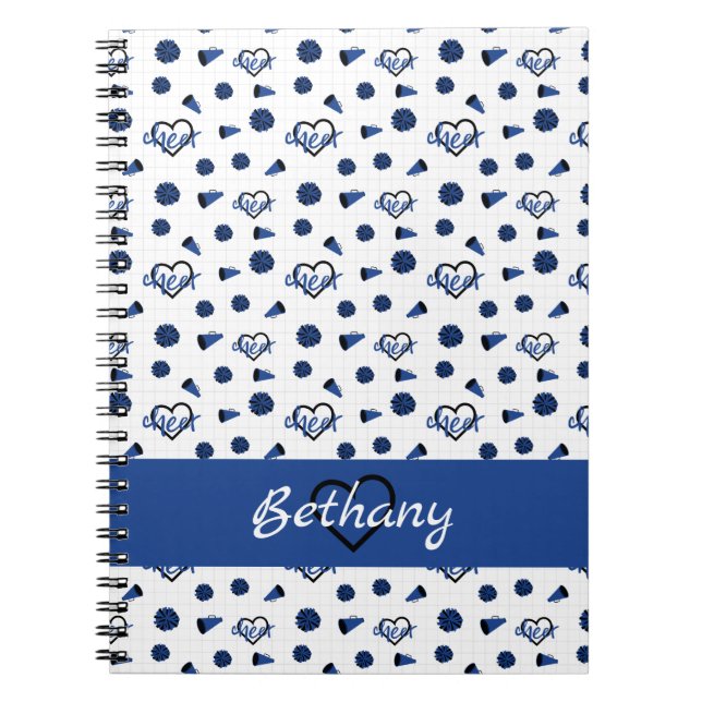 Blue Cheer Hearts, Pom Poms, Megaphone Pattern Notebook (Front)