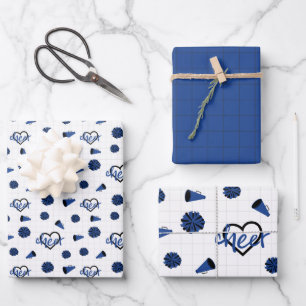 Blue Cheer Hearts, Pom Poms, Megaphone Pattern Wrapping Paper Sheet