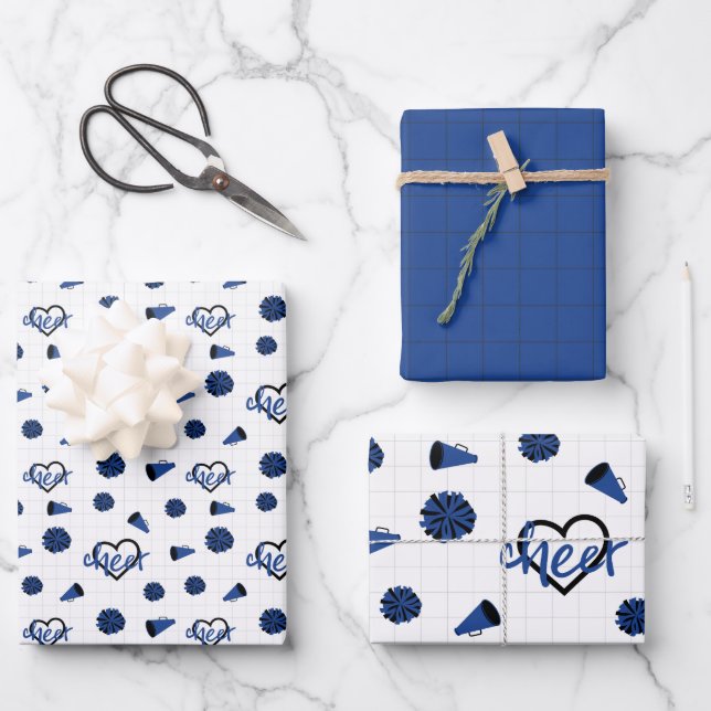 Blue Cheer Hearts, Pom Poms, Megaphone Pattern Wrapping Paper Sheet (Front)