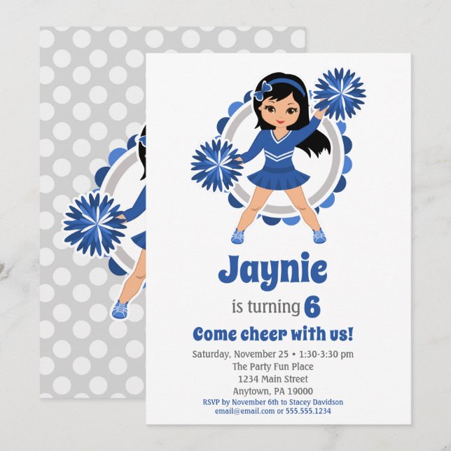 Blue Cheerleader Black Hair Girls Cheer Birthday Invitation (Front/Back)