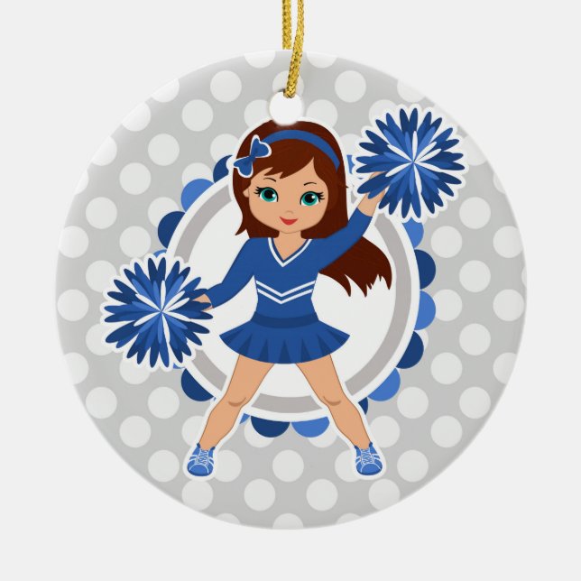 Blue Cheerleader Brunette - Cute Cheer Ceramic Tree Decoration (Front)