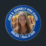 Blue Cheerleader Photo High School Spirit 7.5 Cm Round Badge<br><div class="desc">This cool customised high school cheerleader photo gift features white typography of your team and player name on a blue button. Personalise with your student's photograph and class year as a proud cheerleading parent. A mum and dad can wear these buttons to competition and games.</div>