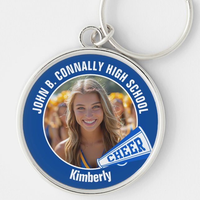 Blue Cheerleader Photo High School Spirit Key Ring (Front)