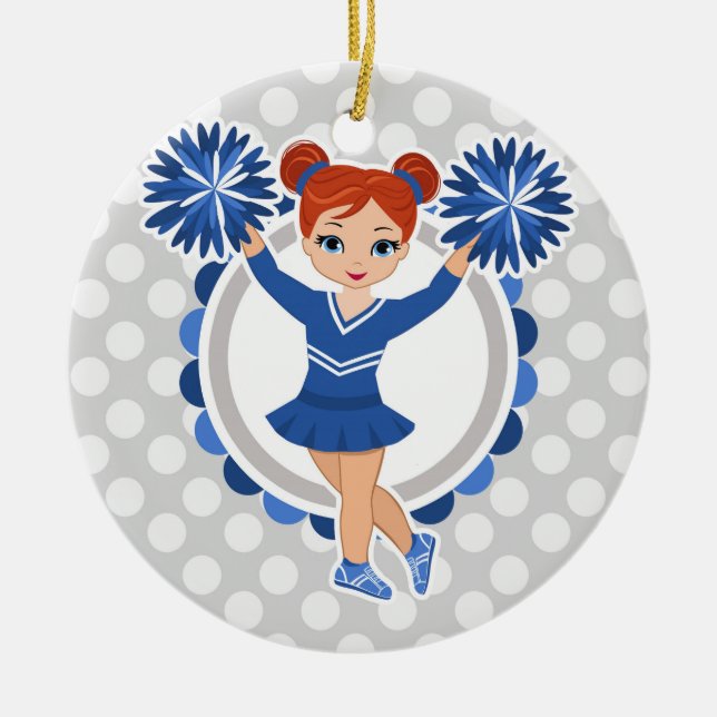 Blue Cheerleader Redhead - Cute Cheer Ceramic Tree Decoration (Front)