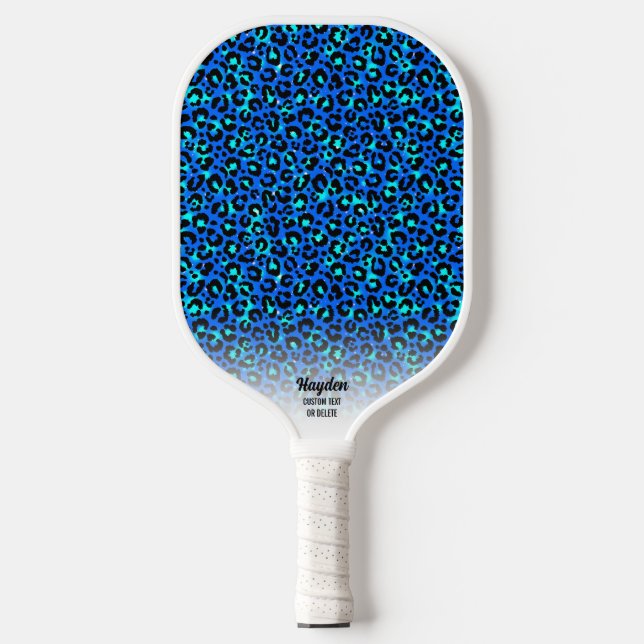 Blue Cheetah Print Animal Pattern Custom Text Pickleball Paddle (Front)