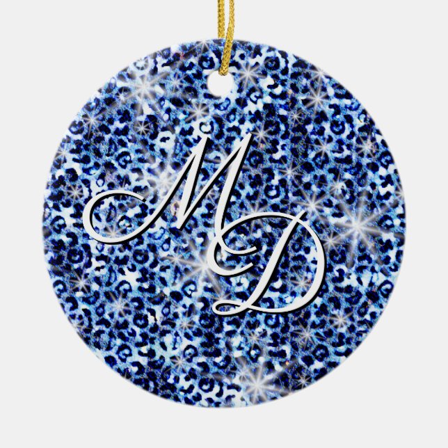 Blue Cheetah Sparkles Monogram Ceramic Tree Decoration (Front)