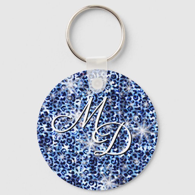 Blue Cheetah Sparkles Monogram Key Ring (Front)