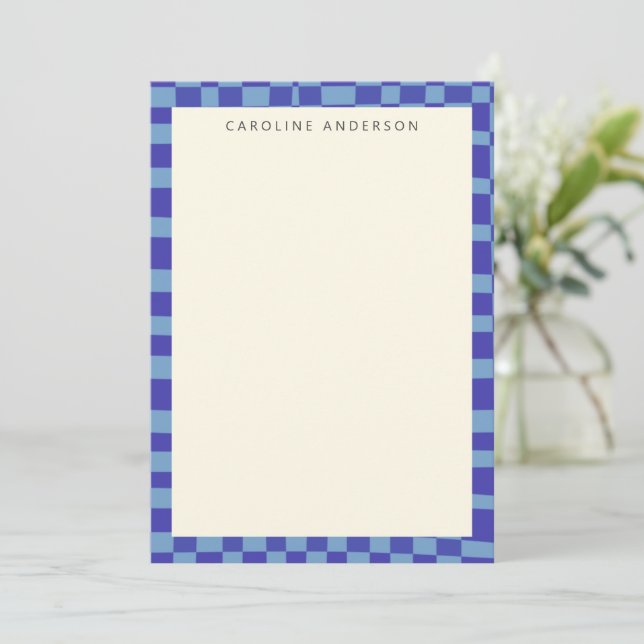 Blue Chequerboard Border Personalised Name Flat Card (Standing Front)