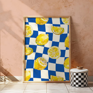 Blue Chequerboard Lemon Wall Art Print