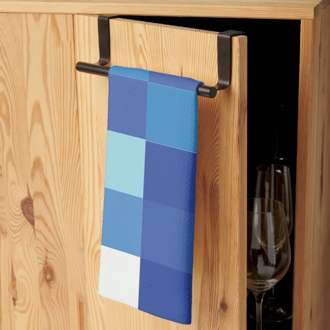 Blue Chequerboard Modern Squares Pattern Tea Towel (Thirds Fold)