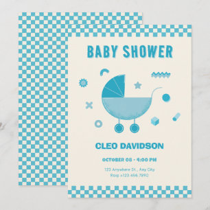 Blue Chequered baby stroller baby shower Invitation