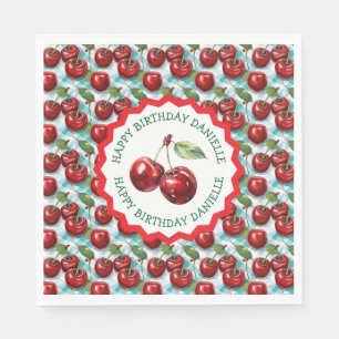 Blue Chequered Cherry Pattern Personalised Birthda Napkin