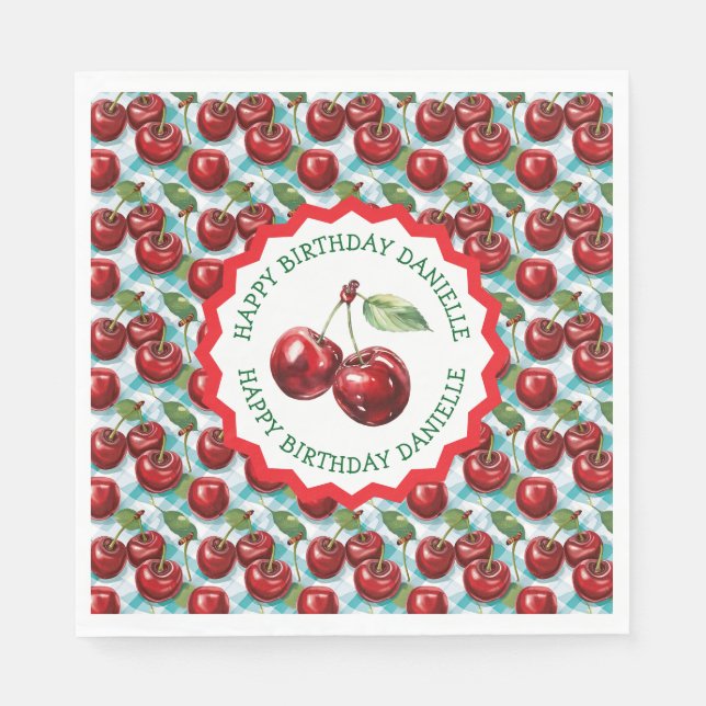 Blue Chequered Cherry Pattern Personalised Birthda Napkin (Front)