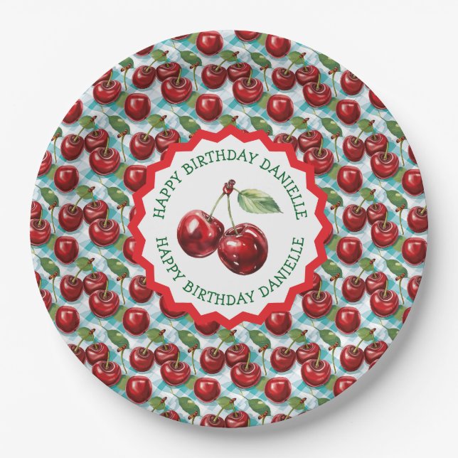 Blue Chequered Cherry Pattern Personalised Birthda Paper Plate (Front)