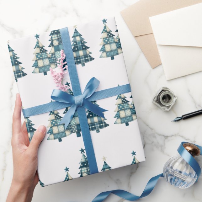 Blue Chequered Christmas Trees   Wrapping Paper (Gifting)
