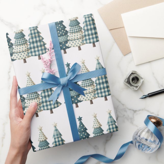 Blue Chequered Christmas Trees   Wrapping Paper (Gifting)