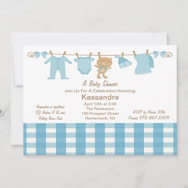 Blue Chequered Clothes Line Baby Shower Invitation (Front)