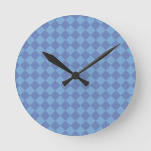 Blue Chequered Diamond Pattern Round Clock