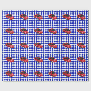 Blue Chequered Flag Red Car Birthday Wrapping Paper