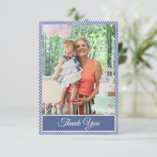 Blue Chequered Gingham Birthday Thank You Photo Card